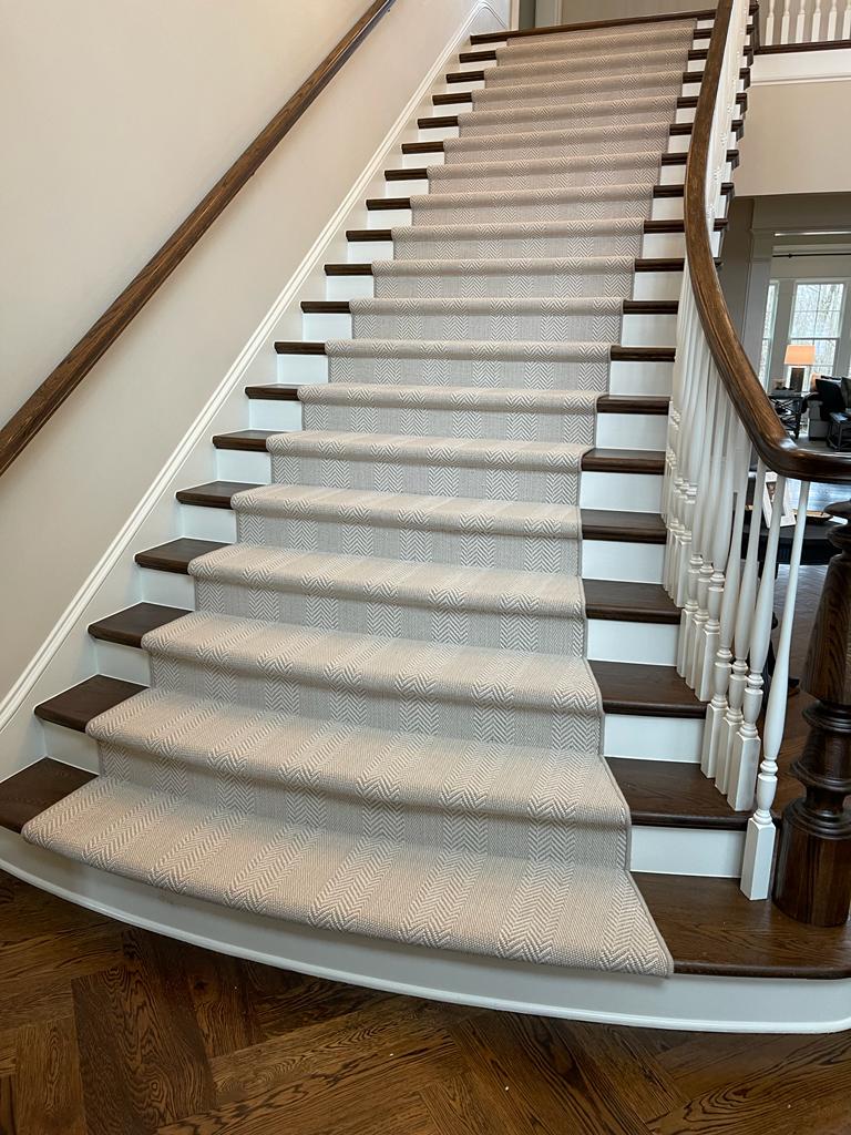 Custom herringbone stair runner fabricated by Underfoot Design for Atlanta home